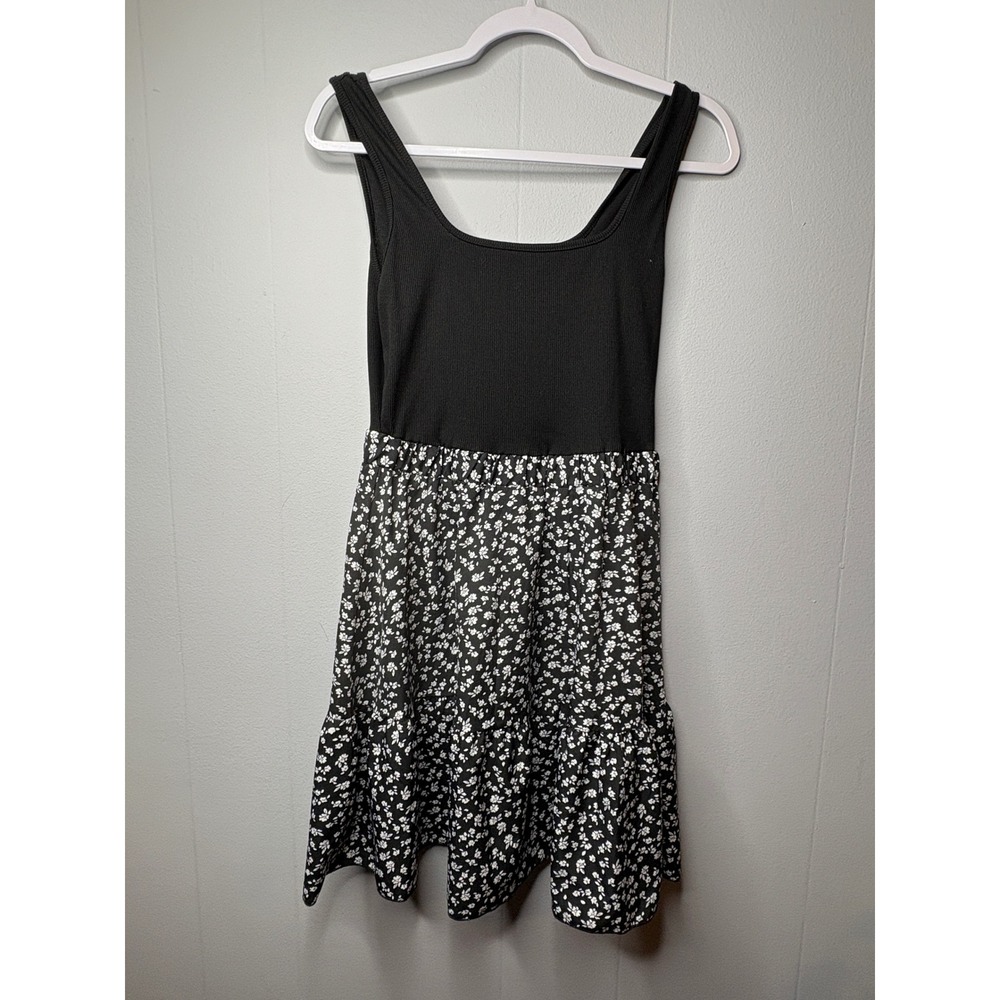 SHEIN Womens Black White Floral Ribbed Tank Tiered Mini Dress Size M JIT16818591